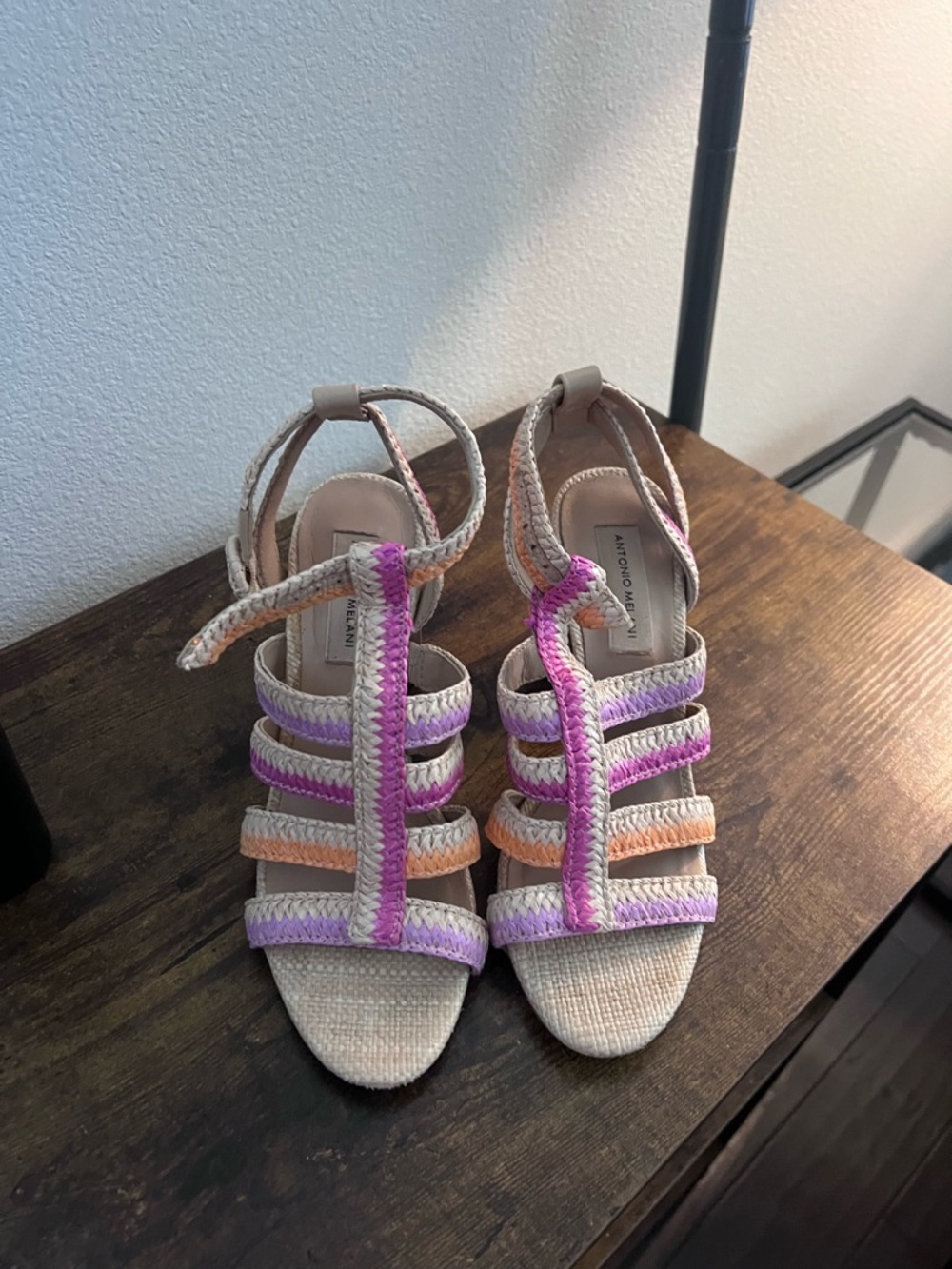 ANTONIO MELANI Beige Woven Heels with Pink and Orange Accents